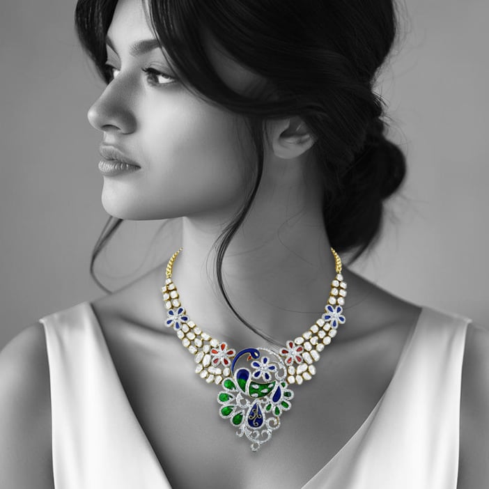 Peacock Motif Necklace with Enamel, Polki, and Floral Design